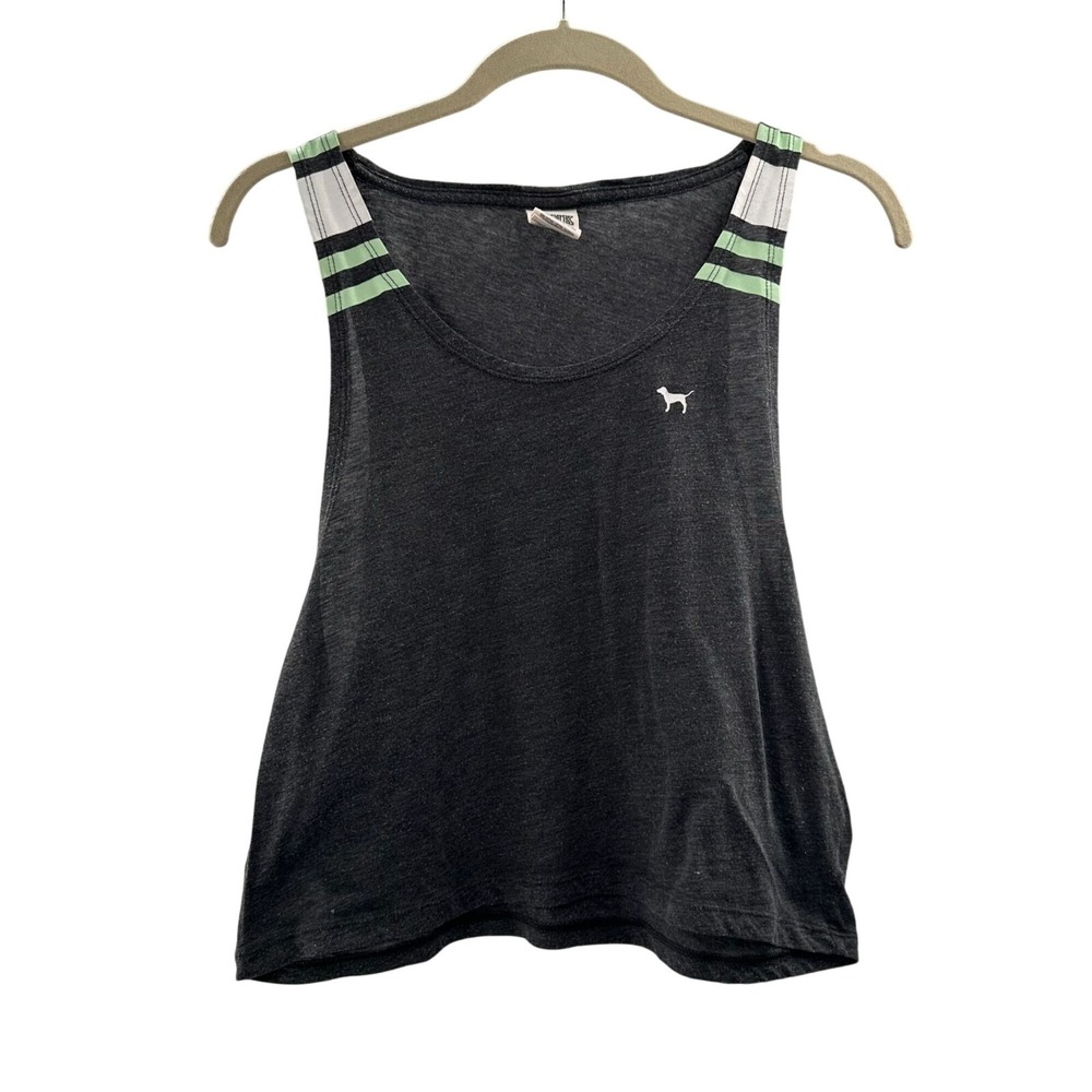 Victorias Secret Pink Racerback Tank Top‎ S Charcoal Gray Striped Shoulder Y2K
